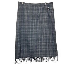 Jenne Maag Women Wool Blend Wrap Skirt L Charcoal Plaid Fringe Y2K Dark Academia